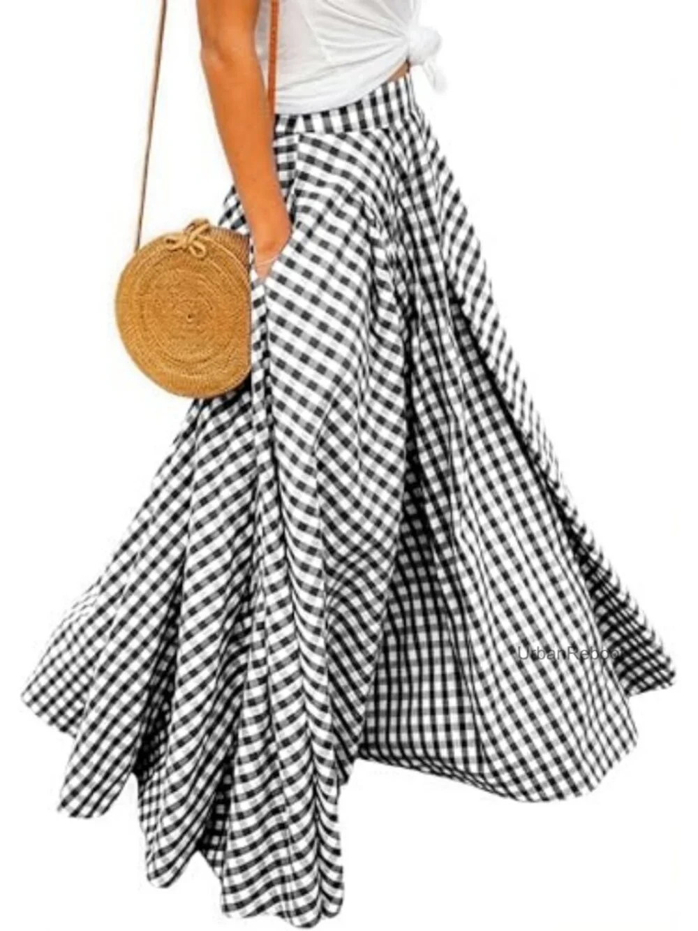 High Waisted Flowy A-Line Maxi Skirt Gingham Ruffled Pleated Casual Skirt